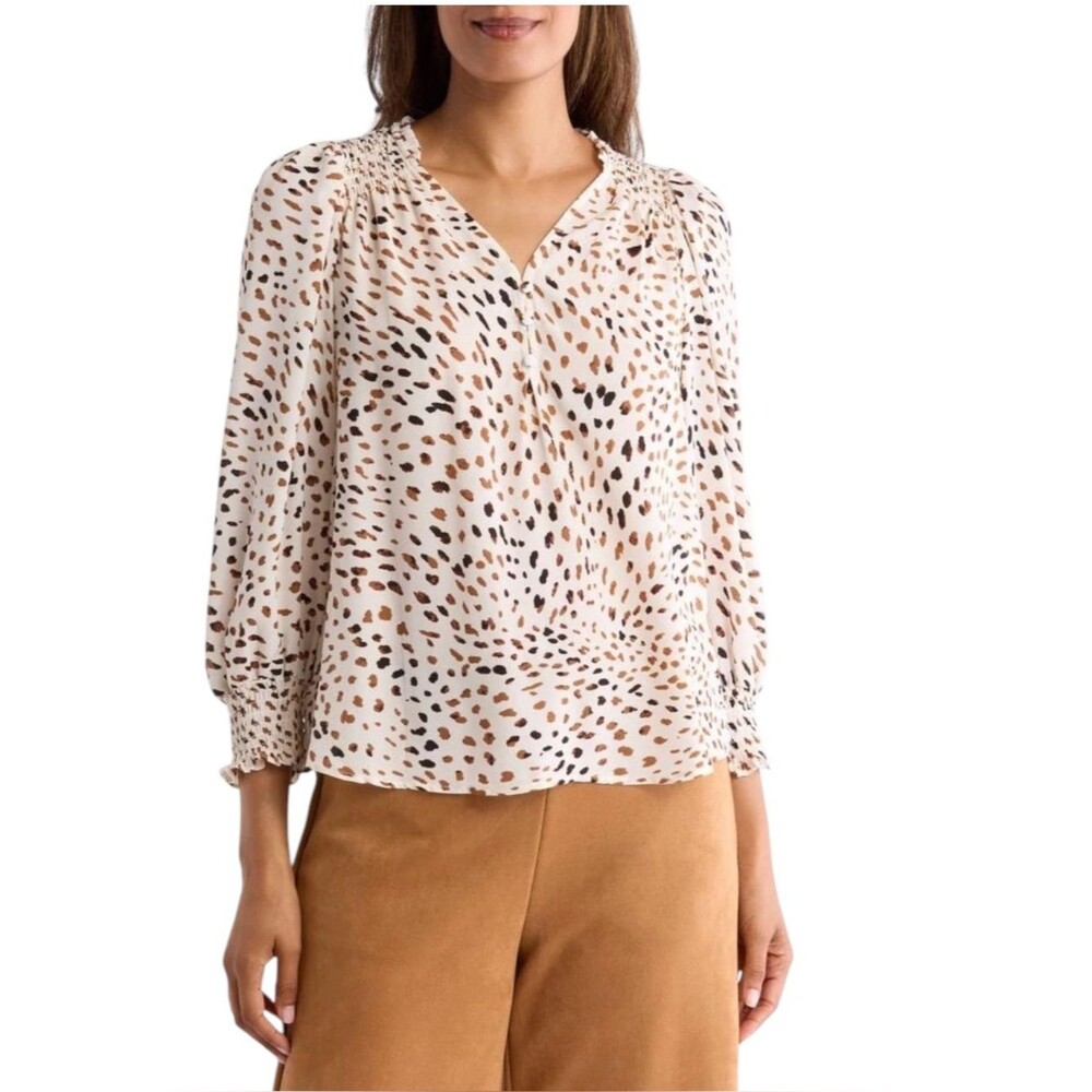 Tahari Animal Print Smocked Button-Up aLong Sleeves Blouse